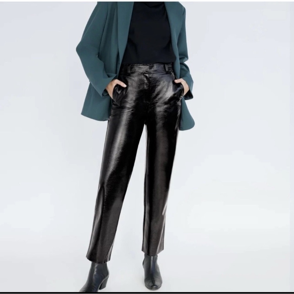 Wilfred Aritzia shiny command Pants Sz 2 High Waist Slim Straight Black ankle